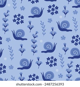 Retro nahtloses Muster mit Schnecke, Blättern und Blumen auf blauem Hintergrund. Perfekt für Sommergrüße, Bildschirmhintergrund, Wickelpapier, Stoff. Vektorillustration