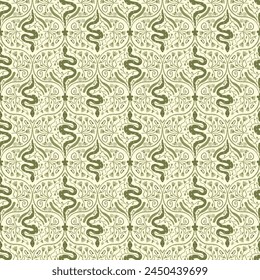 Retro seamless pattern with snake. Vintage damask ornament. Vector hand drawn illustration.