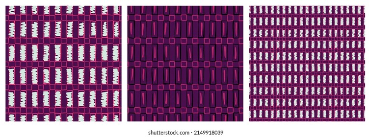 Retro seamless pattern with square and rectangle hand drawn shapes. Cozy geometric high contrast colorful background in purple, saturated pink and white colours.