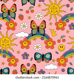 retro  seamless pattern with sun, rainbow, butterfly.