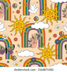  retro seamless pattern with  sun, rainbows, butterfly