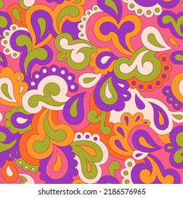 Retro seamless pattern. Swirls and paisley elements in boho design. Hippie psychedelic vector background. Colorful abstract vintage vector print. Summer groovy textile design