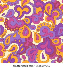 Retro seamless pattern. Swirls and paisley elements in boho design. Hippie psychedelic vector background. Colorful abstract vintage vector print. Summer groovy textile design