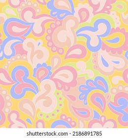 Retro seamless pattern. Swirls and paisley elements in boho design. Hippie psychedelic vector background. Colorful abstract vintage vector print. Summer groovy textile design