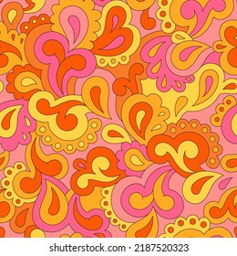 Retro seamless pattern. Swirls and paisley elements in boho design. Hippie psychedelic vector background. Colorful abstract vintage vector print. Summer groovy textile design