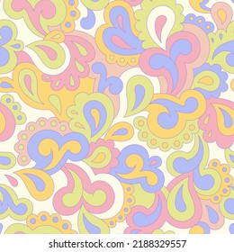 Retro seamless pattern. Swirls and paisley elements in boho design. Hippie psychedelic vector background. Colorful abstract vintage vector print. Summer groovy textile design