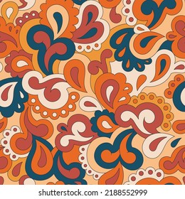 Retro seamless pattern. Swirls and paisley elements in boho design. Hippie psychedelic vector background. Colorful abstract vintage vector print. Summer groovy textile design