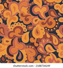 Retro seamless pattern. Swirls and paisley elements in boho design. Hippie psychedelic vector background. Colorful abstract vintage vector print. Summer groovy textile design