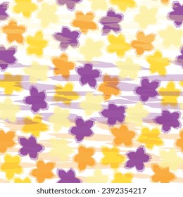 Retro seamless pattern. Swirls and paisley elements in boho design.  Flowers, lines and dots.