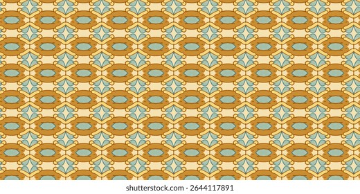Retro seamless pattern with symmetrical brown and blue shapes on beige background. Ideal for textiles, wallpapers, and vintage designs. Features retro, seamless, and abstract elements.