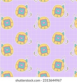 Retro seamless pattern with retro tamagotchi . Vector nostalgic background in cartoon 80s 90s pop art style.Y2k, 00s, 90s concept