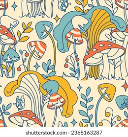 Retro seamless pattern with tangled mushrooms. Vintage surreal land of fun fungus, herbs and flowers. Mysterious groovy wallpaper, floral, tricky seamless background.