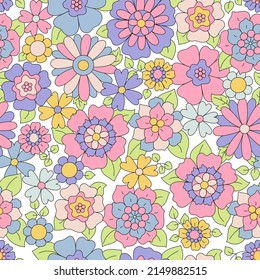 Retro seamless pattern. Textile design with different flowers. Hippie print. Vintage style 60s 70s. Vector illustration.