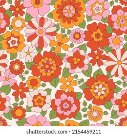 Patrón retro sin fisuras. Diseño textil con flores diferentes. Impresión hippie. Estilo vintage de los años 60 y 70. Ilustración vectorial.