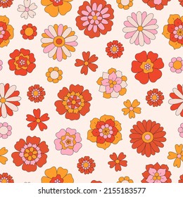 Retro seamless pattern. Textile design with different flowers. Hippie print. Vintage style 60s 70s. Vector illustration.