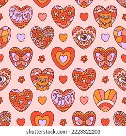 Retro seamless pattern. Textile design with different hearts. Hippie print. Vintage style 60s 70s. Vector illustration.