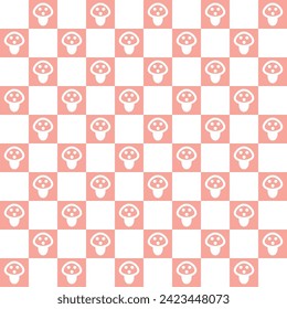 Retro seamless pattern. Textile geometric design with mushrooms and squares. Hippie checkerboard print. Groovy wallpaper with fungi. Vintage style 60s 70s. Vector illustration.