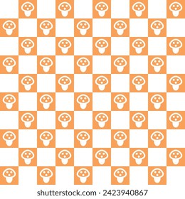 Retro seamless pattern. Textile geometric design with mushrooms and squares. Hippie checkerboard print. Groovy wallpaper with fungi. Vintage style 60s 70s. Vector illustration.
