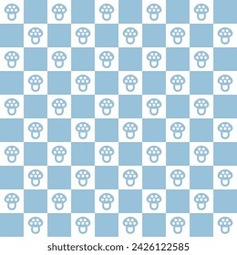 Retro seamless pattern. Textile geometric design with mushrooms and squares. Hippie checkerboard print. Groovy wallpaper with fungi. Vintage style 60s 70s. Vector illustration.
