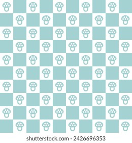 Retro seamless pattern. Textile geometric design with mushrooms and squares. Hippie checkerboard print. Groovy wallpaper with fungi. Vintage style 60s 70s. Vector illustration.