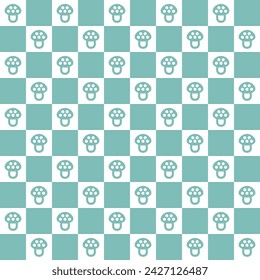 Retro seamless pattern. Textile geometric design with mushrooms and squares. Hippie checkerboard print. Groovy wallpaper with fungi. Vintage style 60s 70s. Vector illustration.