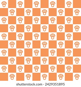 Retro seamless pattern. Textile geometric design with mushrooms and squares. Hippie checkerboard print. Groovy wallpaper with fungi. Vintage style 60s 70s. Vector illustration.