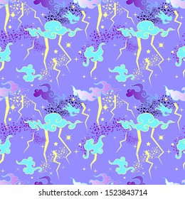 Retro seamless pattern with thunder storm and clouds.80s-90s style. 