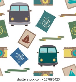 Retro seamless pattern with transport and camera