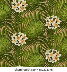 Retro seamless pattern of tropical white flowers and green leaves isolated on beige. Vintage tropical wallpaper, textile print, exotic background.