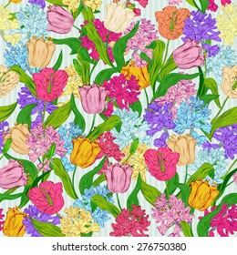 Retro Seamless pattern with tulips and hyacinths.