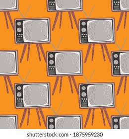 Patrón retro sin fisuras con tv simple adorno. Técnica gris sobre fondo naranja brillante. Ilustración vectorial para impresiones textiles estacionales, tela, carteles, telas de fondo y papel pintado.