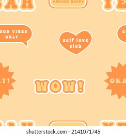 Retro seamless pattern with various cool trendy patches or stickers. 70s hippie culture inspired background. Vintage color palette. Vector illustration in flat style.