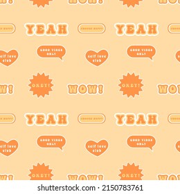 Retro seamless pattern with various cool trendy patches or stickers. 70s hippie culture inspired background. Vintage color palette. Vector illustration in flat style.