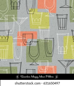 retro seamless pattern of various outlined cocktail glasses. vector illustration