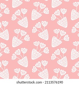 Retro seamless pattern of vase with flowers and blossom in hygge style. Scandinavian flourish vector element with hearts for valentine day, romantic love greeting card, holiday.