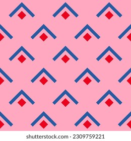 Retro seamless pattern. Vector ornamental geometric seamless texture. Simple ornament with lines, arrows, squares, fish scale, repeat tiles. Abstract vintage geo background. Blue, pink, red color