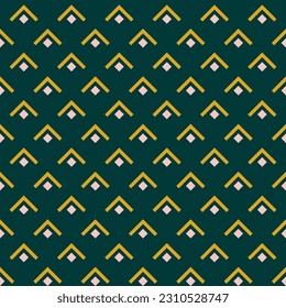 Retro seamless pattern. Vector ornamental geometric seamless texture. Simple ornament with lines, arrows, squares, fish scale, repeat tiles. Abstract vintage geo background. Green, yellow, pink color