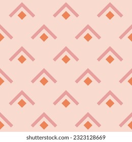 Retro seamless pattern. Vector ornamental geometric seamless texture. Simple ornament with lines, arrows, squares, fish scale, repeat tiles. Abstract vintage geo background. Orange, pink, beige color