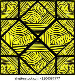 Retro seamless pattern vector with tribal hand drawn black and yellow color. Decorative line in square diamond relief. Doodle drawing ethnic tribal style ready for print.