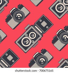 Retro seamless pattern with vintage cameras, vector background