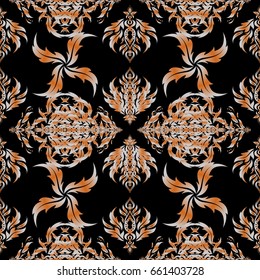 Retro seamless pattern. Vintage Scrolls for Ornate Decor in Victorian Style. Vector Design With orange and gray Elements for Greeting or Business Cards, Invitations on Black Background.
