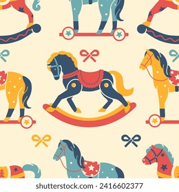 Retro seamless pattern. Vintage toy horse. Playful Kids graphic. Hand drawn, not AI