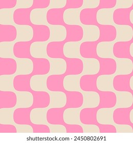 Retro seamless pattern with wavy vertical pink lines. 1960s, 1970s funky design. Vertical wavy pink and cream wavy lines.