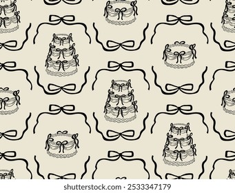 Padrão retro sem costura com bolos de casamento com fitas pretas. Fundo vetorial com bolos em arcos. Coquette vintage estética