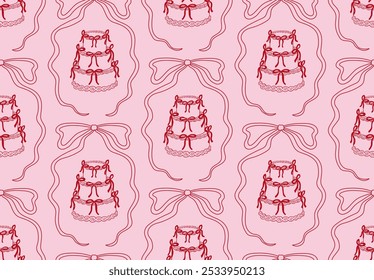 Retro seamless pattern with wedding cakes in ribbon frames. Vector background with cakes and bows. Vintage coquette aesthetic