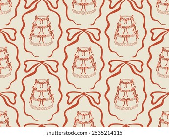 Retro seamless pattern with wedding cakes with red ribbons. Vector background with cakes in bow frames. Vintage coquette aesthetic