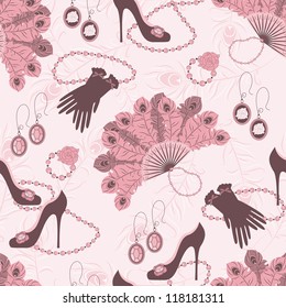 Retro seamless pattern  with women accessory. Hand drawing illustration.