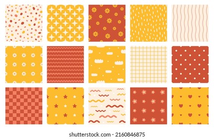 Retro seamless patterns bundle. Simple backgrounds with heart, star, lines, chamomile, checkers, clouds, flowers, dots, waves. Vector illustration set.