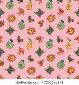 Retro seamless patterns, groovy hippie backgrounds. Cartoon funky print with pears, apples, butterflies, hearts, sun, rollers pattern.