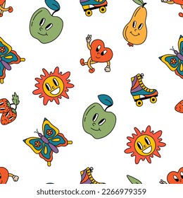 Retro seamless patterns, groovy hippie backgrounds. Cartoon funky print with pears, apples, butterflies, hearts, sun, rollers pattern.	